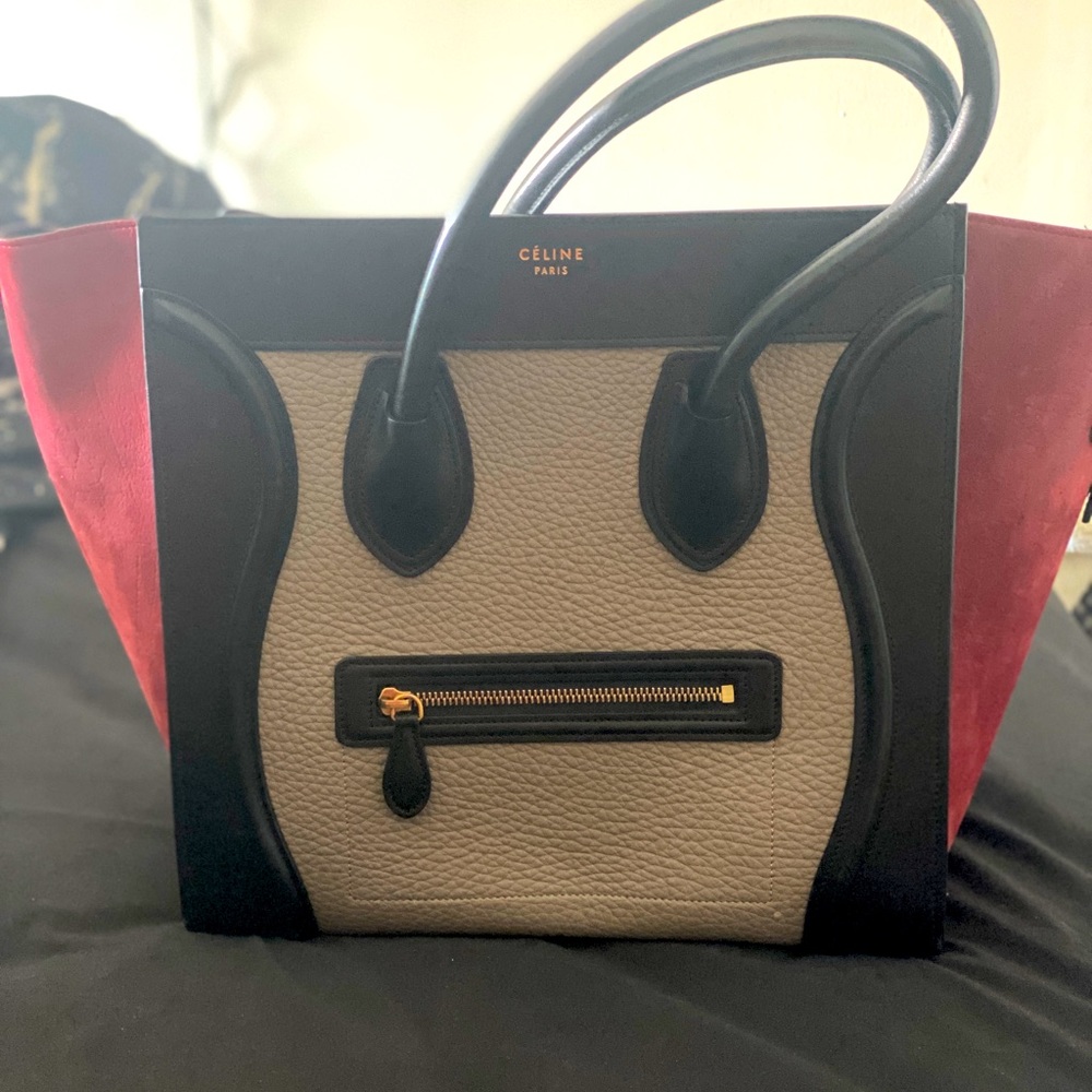Céline Paris Micro Tri- colour tote. Maroon, black and grey.